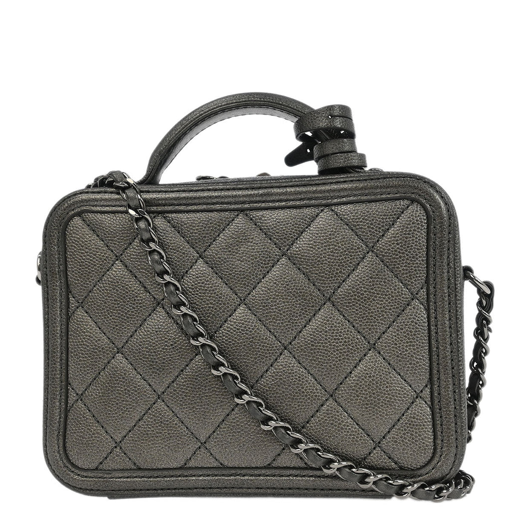 Chanel 2018-2019 Metallic Gray Calfskin Filigree 2way Shoulder Vanity Handbag