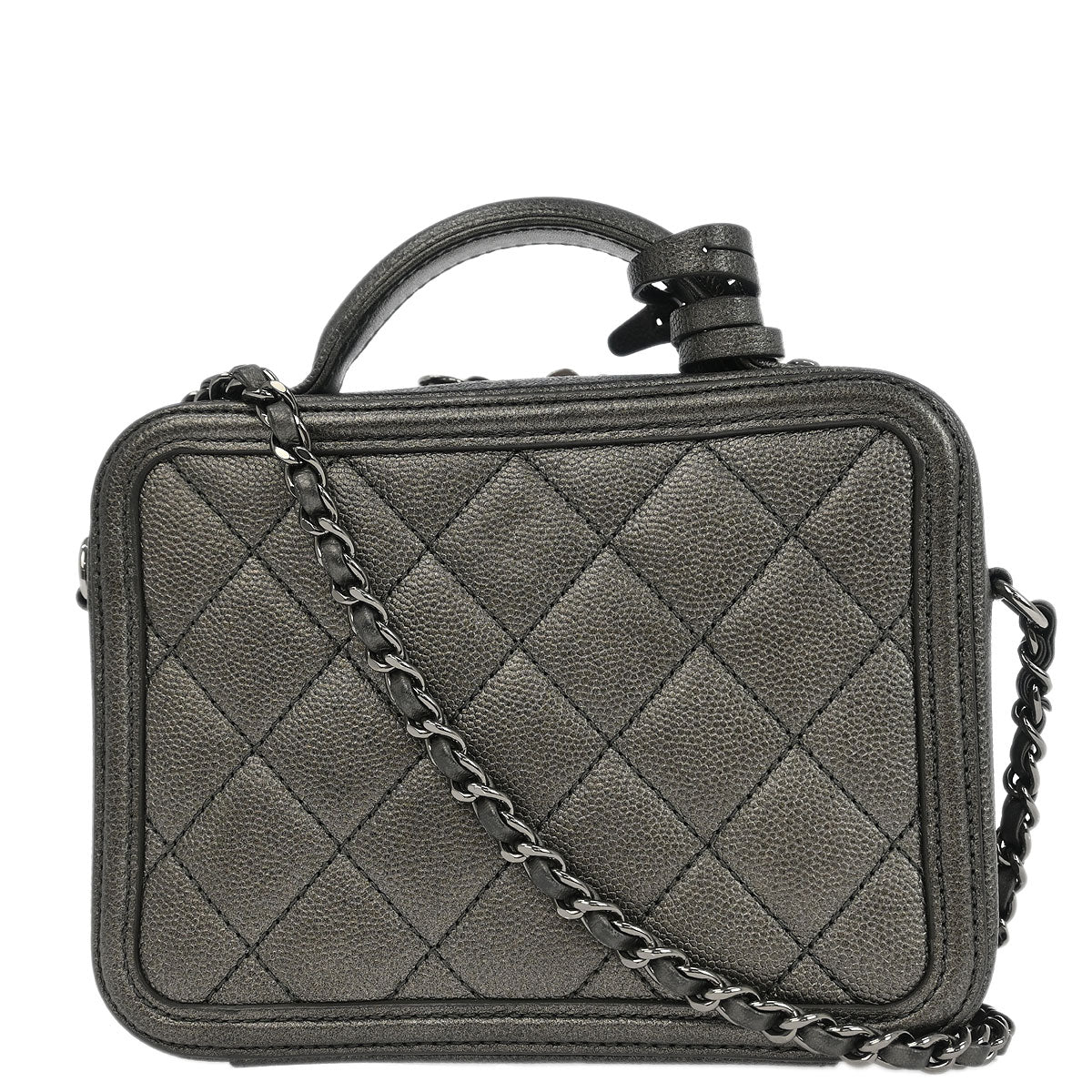 Chanel 2018-2019 Metallic Gray Calfskin Filigree 2way Shoulder Vanity Handbag