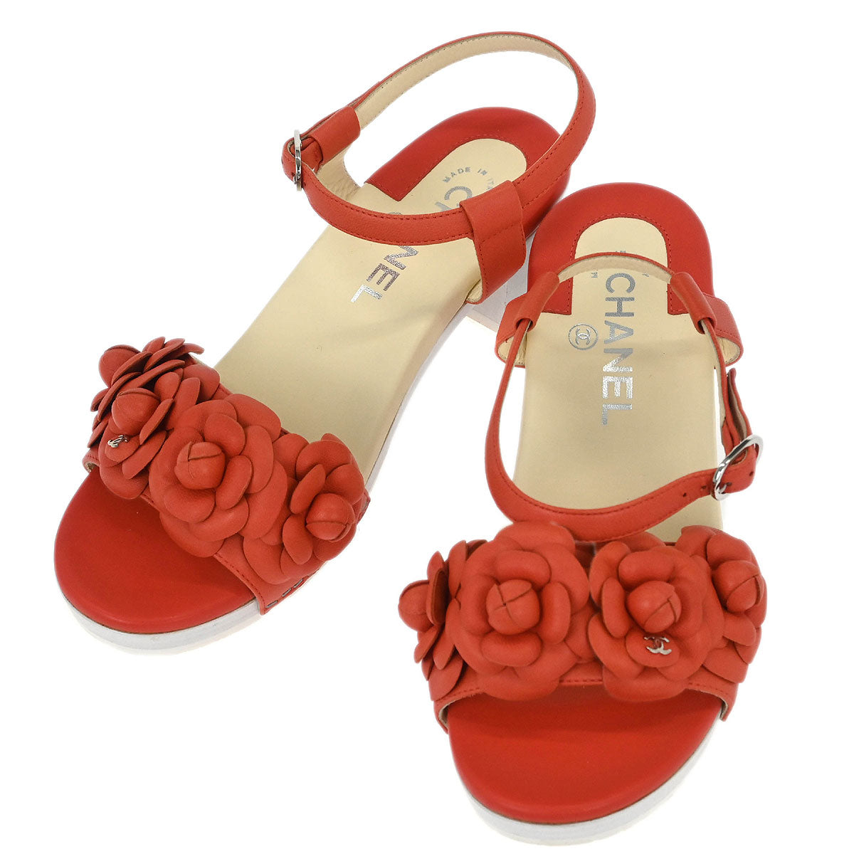 Chanel * 2015 Camellia Embellished Ankle Strap Sandals Shoes #37