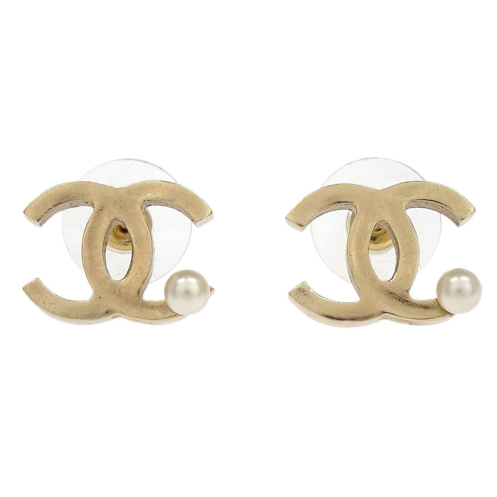 Chanel Piercing Earrings Gold CC Costume Pearl B13S