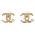 Chanel Piercing Earrings Gold CC Costume Pearl B13S