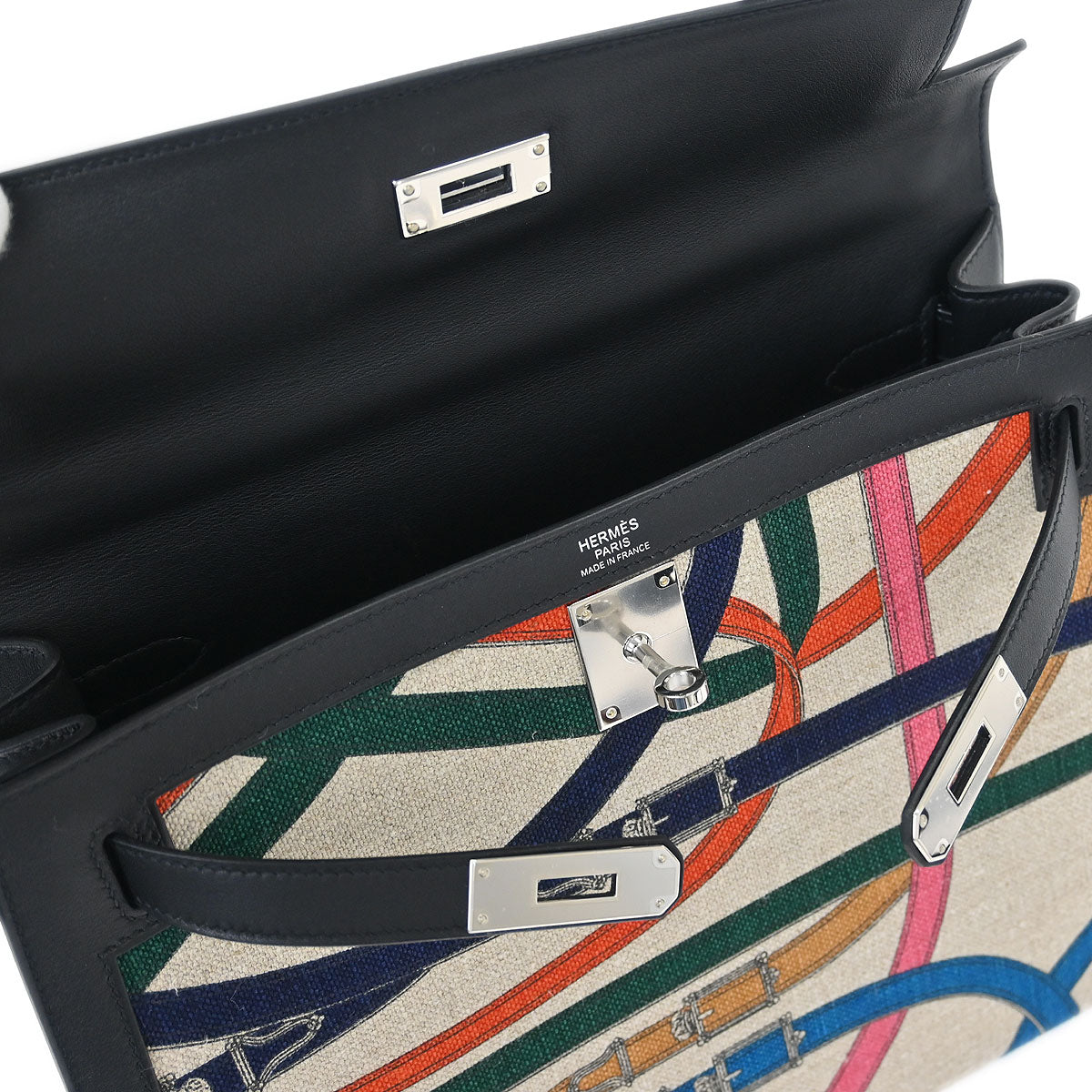 Hermes Black Toile De Camp Cavalcadour Kelly 32 Sellier Handbag