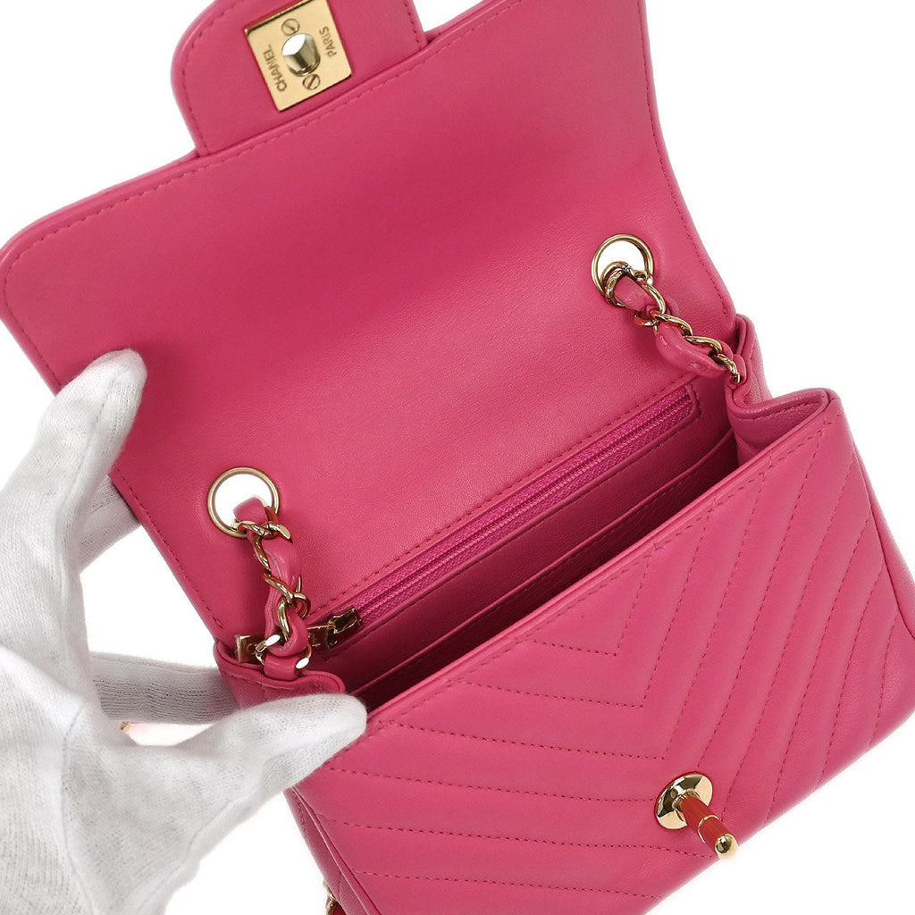 Chanel Pink Lambskin Chevron Mini Classic Square Flap Bag