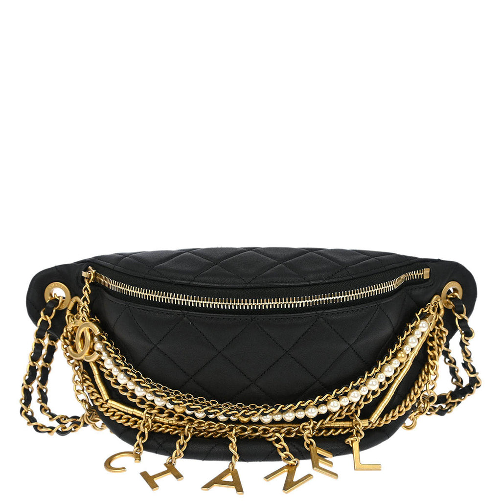 Chanel 2019 Black Quilted Lambskin, Imitation Pearl Paris-New York All About Chains Fanny Pack Waist Bag Aged Gold Hardware