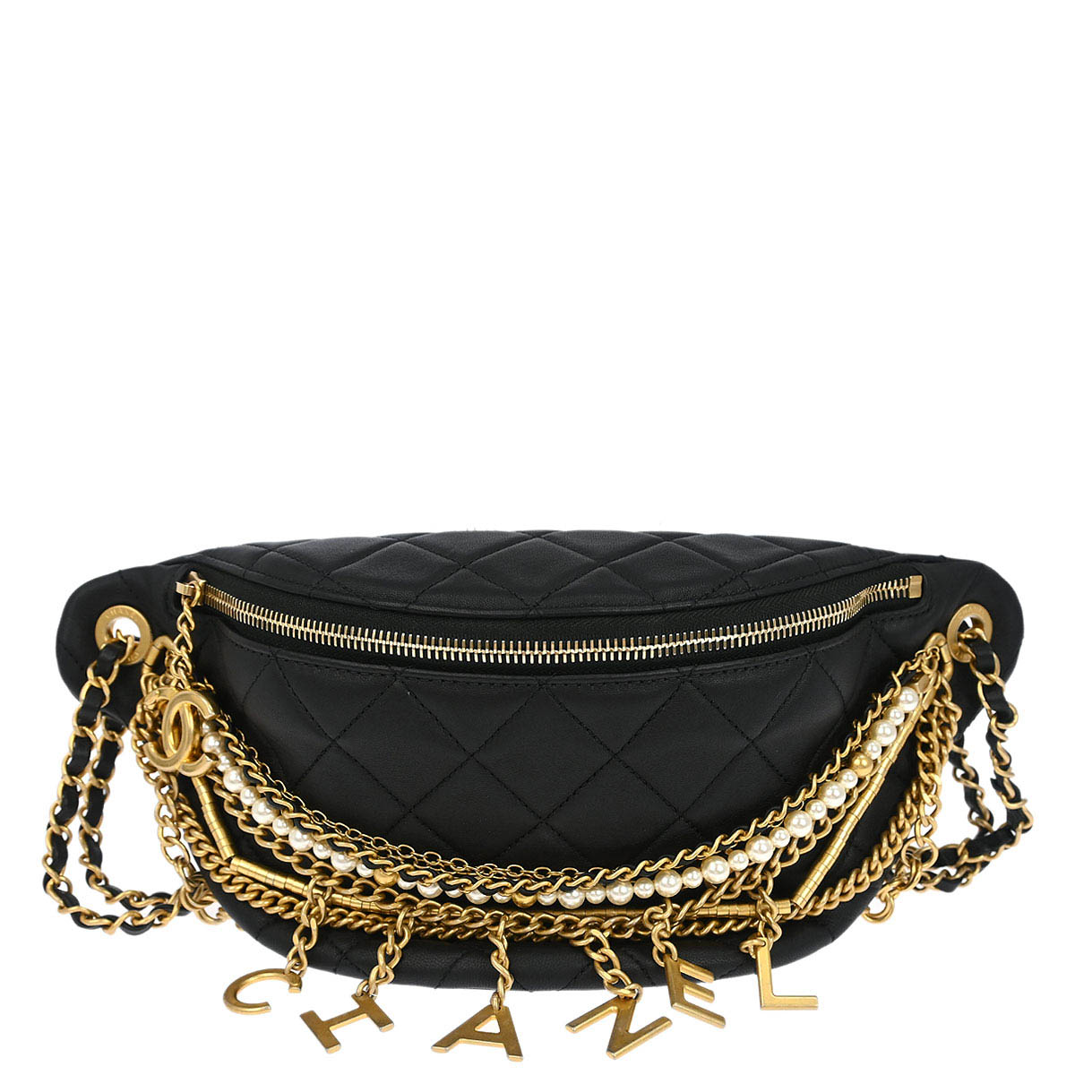Chanel 2019 Black Quilted Lambskin, Imitation Pearl Paris-New York All About Chains Fanny Pack Waist Bag Aged Gold Hardware