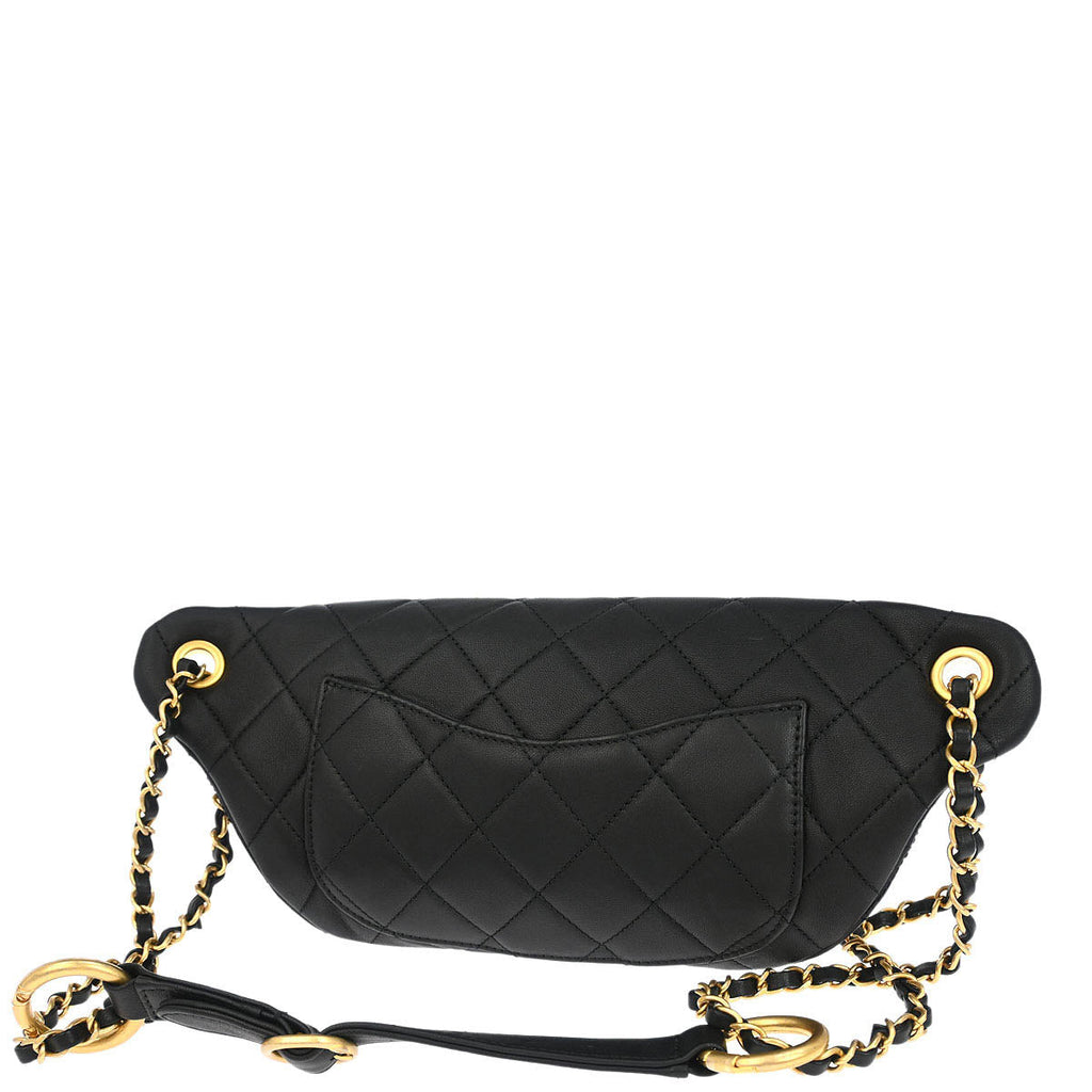 Chanel 2019 Black Quilted Lambskin, Imitation Pearl Paris-New York All About Chains Fanny Pack Waist Bag Aged Gold Hardware