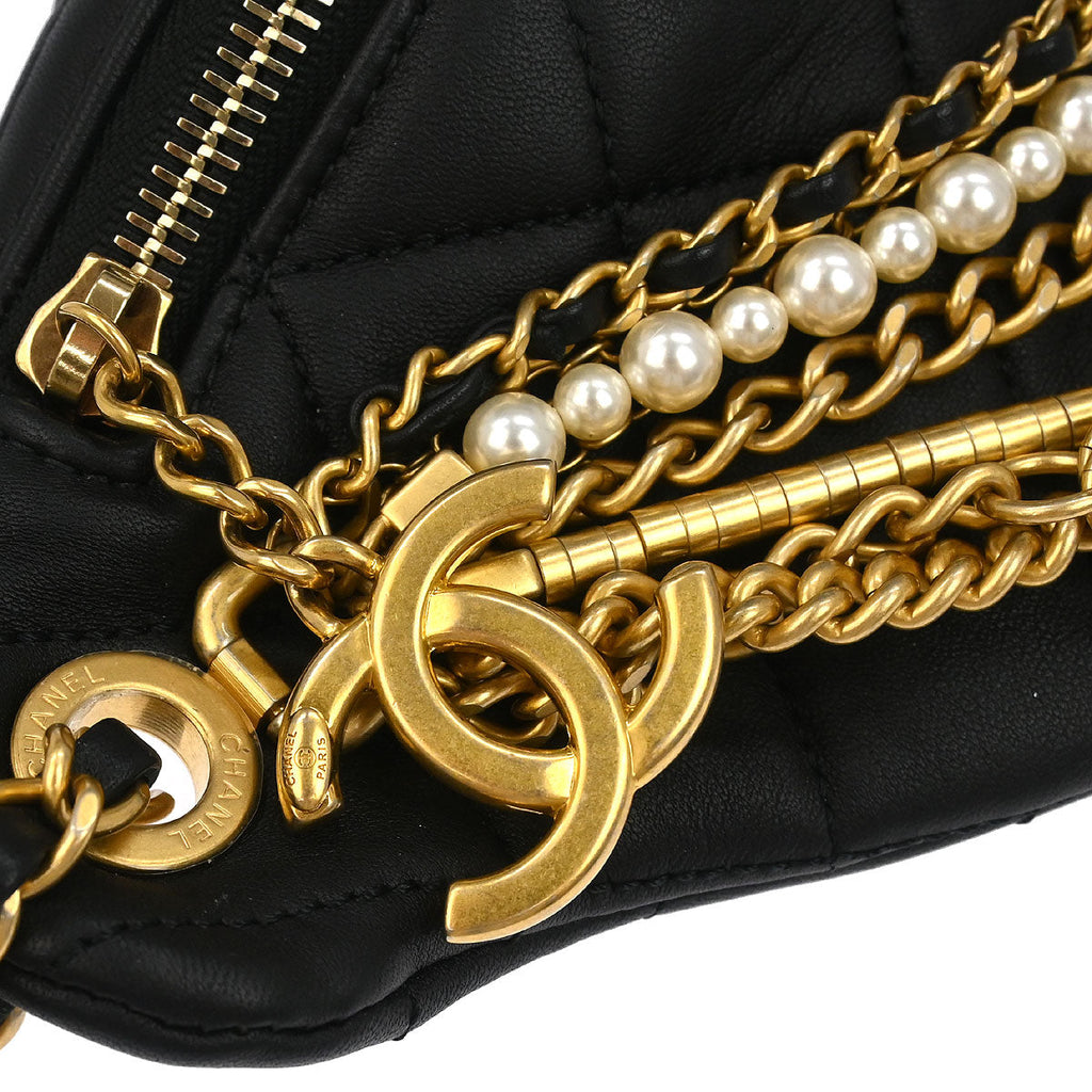 Chanel 2019 Black Quilted Lambskin, Imitation Pearl Paris-New York All About Chains Fanny Pack Waist Bag Aged Gold Hardware