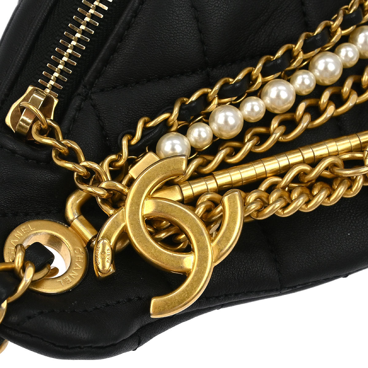 Chanel 2019 Black Quilted Lambskin, Imitation Pearl Paris-New York All About Chains Fanny Pack Waist Bag Aged Gold Hardware