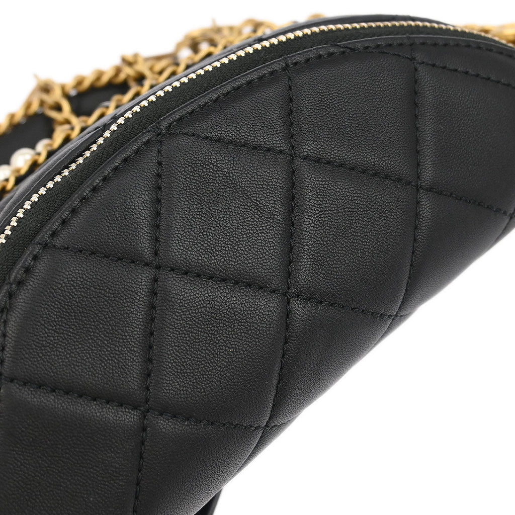 Chanel 2019 Black Quilted Lambskin, Imitation Pearl Paris-New York All About Chains Fanny Pack Waist Bag Aged Gold Hardware