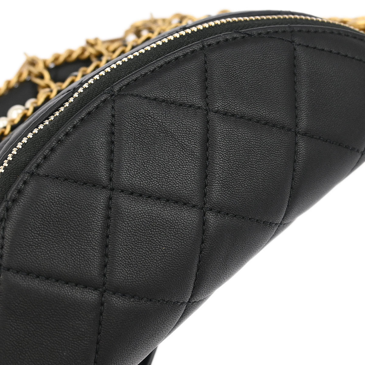 Chanel 2019 Black Quilted Lambskin, Imitation Pearl Paris-New York All About Chains Fanny Pack Waist Bag Aged Gold Hardware
