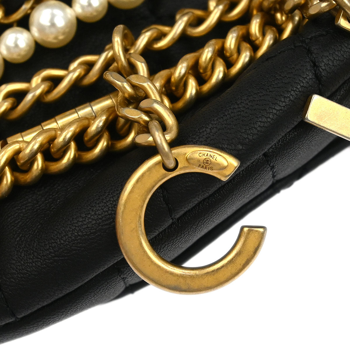 Chanel 2019 Black Quilted Lambskin, Imitation Pearl Paris-New York All About Chains Fanny Pack Waist Bag Aged Gold Hardware
