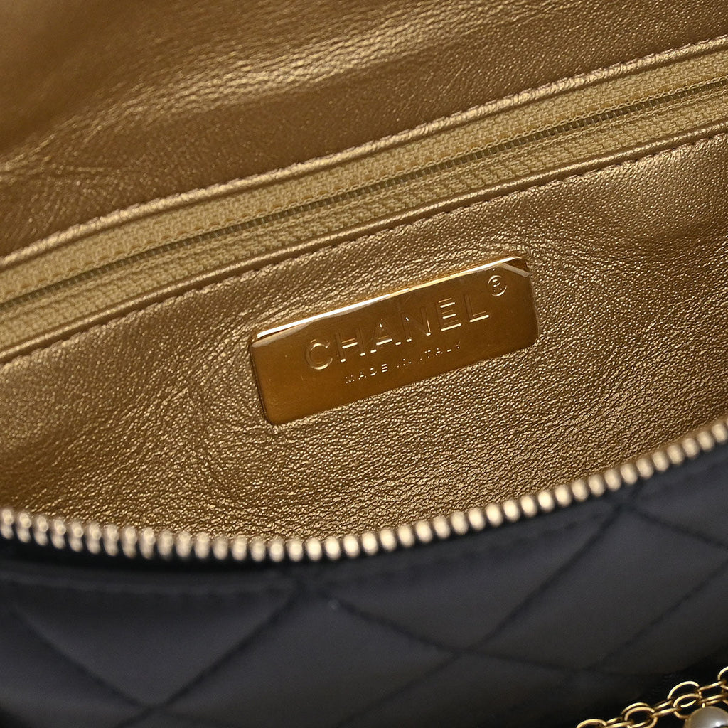 Chanel 2019 Black Quilted Lambskin, Imitation Pearl Paris-New York All About Chains Fanny Pack Waist Bag Aged Gold Hardware
