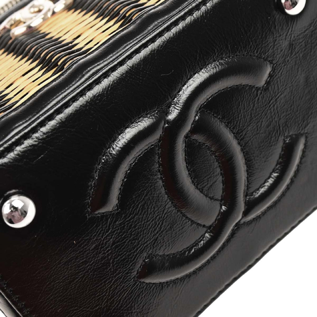 Chanel Black Beige Rattan Calfskin Vanity Handbag