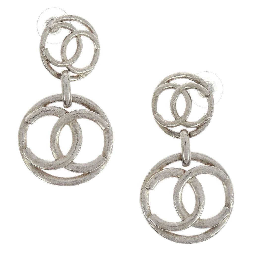 Chanel CC Button Dangle Piercing Earrings Silver A18P