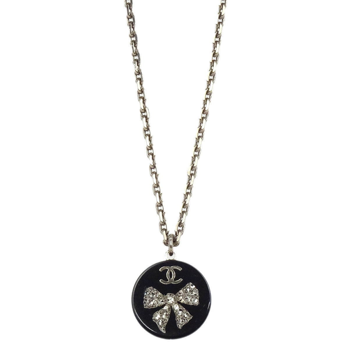 Chanel Silver Medallion Chain Pendant Necklace 10A