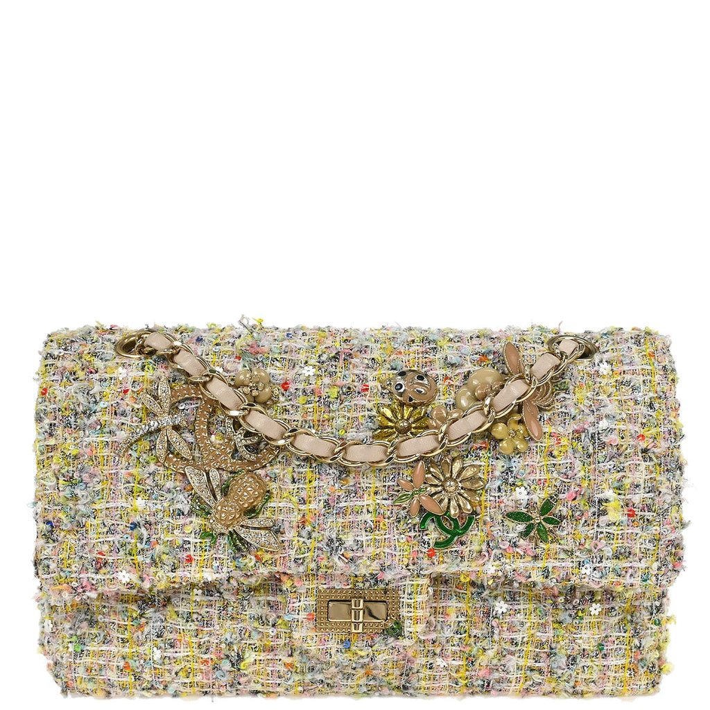 Chanel 2010-2011 White Tweed Garden Party Medium Classic Double Flap Shoulder Bag