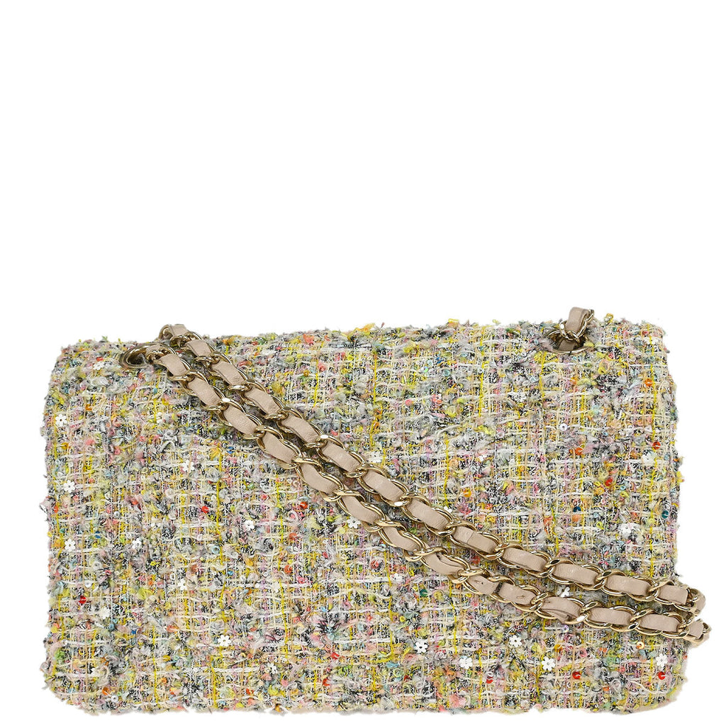 Chanel 2010-2011 White Tweed Garden Party Medium Classic Double Flap Shoulder Bag