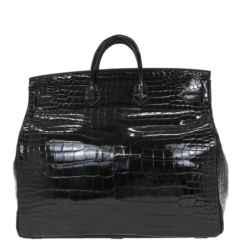 Hermes * Black Porosus Haut a Courroies 50 Handbag
