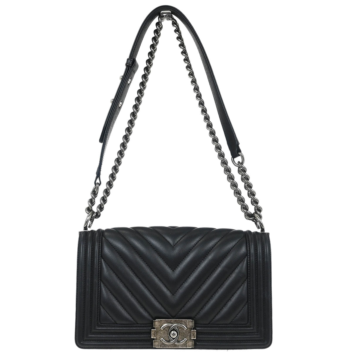 Boy Chanel 2016-2017 Black Lambskin Chevron Medium Shoulder Bag
