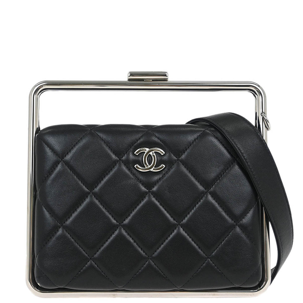 Chanel 2019 Black Lambskin Metal Bar Frame 2way Shoulder Handbag