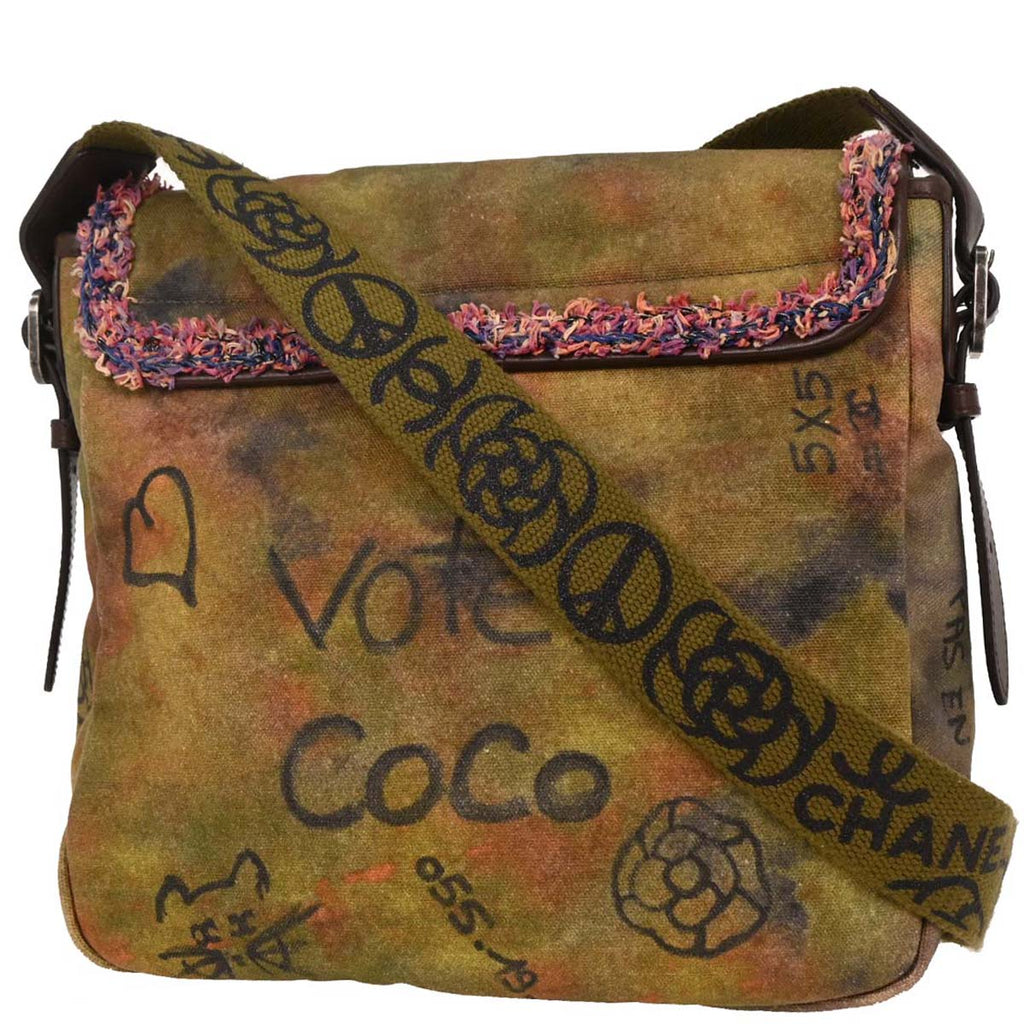 Chanel 2014-2015 Khaki Canvas Graffiti On The Pavements Shoulder Bag