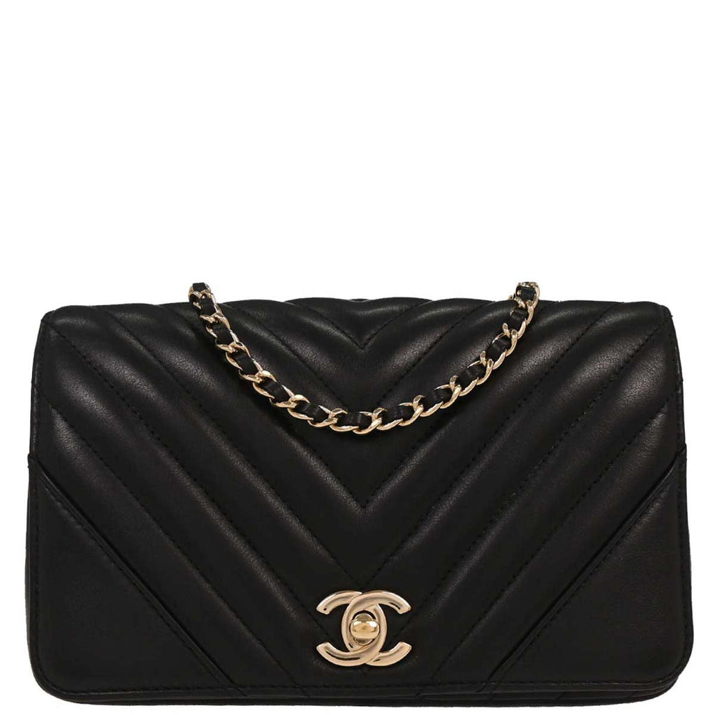 Chanel 2019 Black Lambskin Turnlock Mini Full Flap Chevron Shoulder Bag