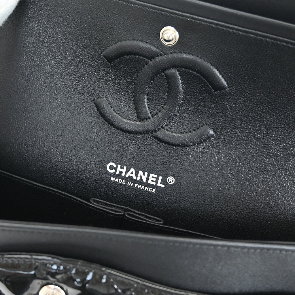 Chanel 2019 Pink Black Patent Leather Medium Classic Double Flap Shoulder Bag
