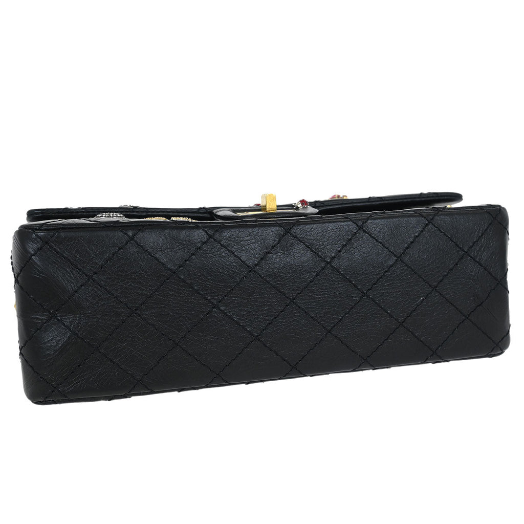 Chanel 2017-2018 Black Calfskin Icon 2.55 Medium Classic Double Flap Shoulder Bag