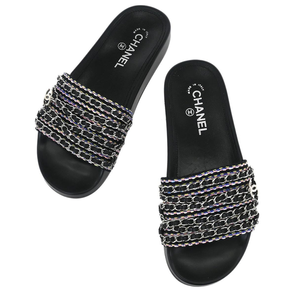 Chanel * Interlocking CC Logo Tweed Slides Shoes #39
