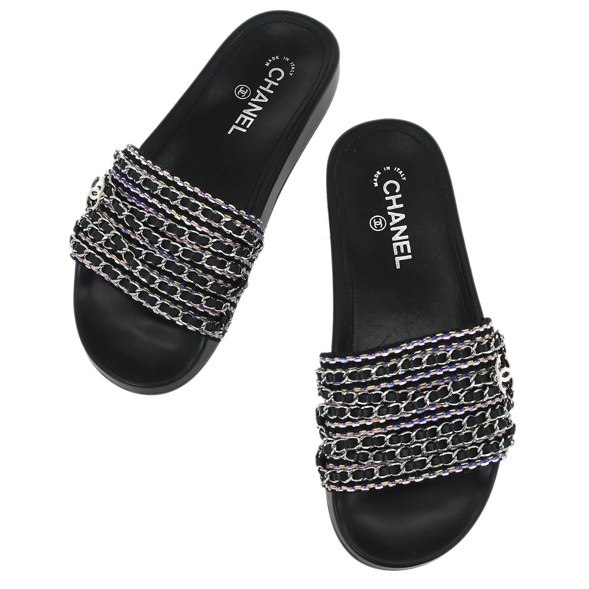 Chanel * Interlocking CC Logo Tweed Slides Shoes #39