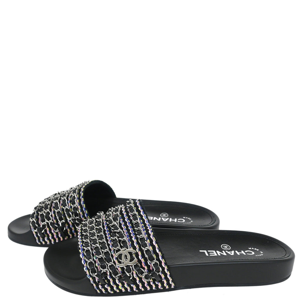 Chanel * Interlocking CC Logo Tweed Slides Shoes #39
