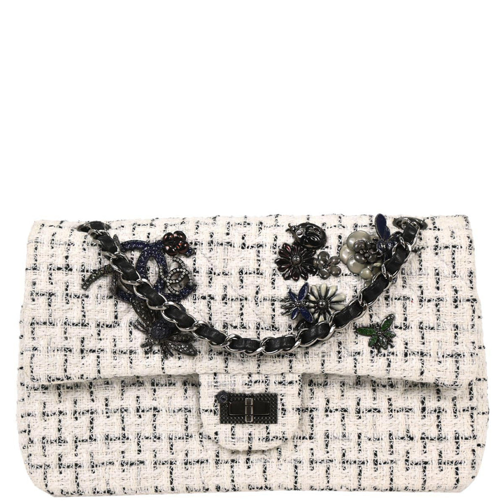 Chanel 2010-2011 White Tweed Garden Party 2.55 Medium Classic Double Flap Bag