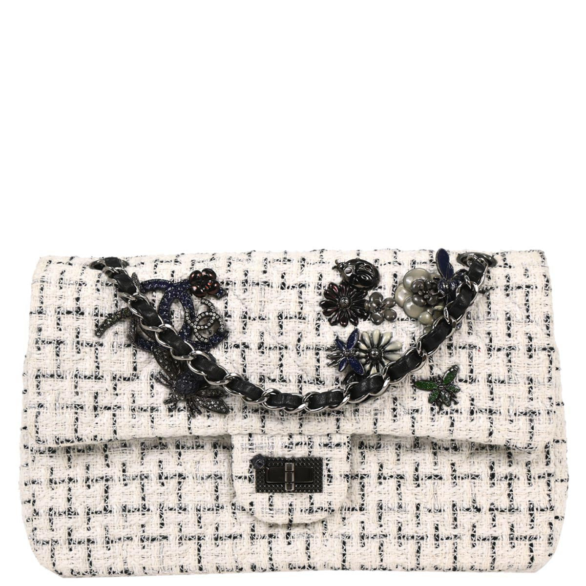 Chanel 2010-2011 White Tweed Garden Party 2.55 Medium Classic Double Flap Bag