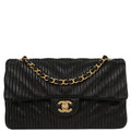 Chanel 2018 Black Calfskin Chevron Coco Pleats Medium Classic Double Flap Bag