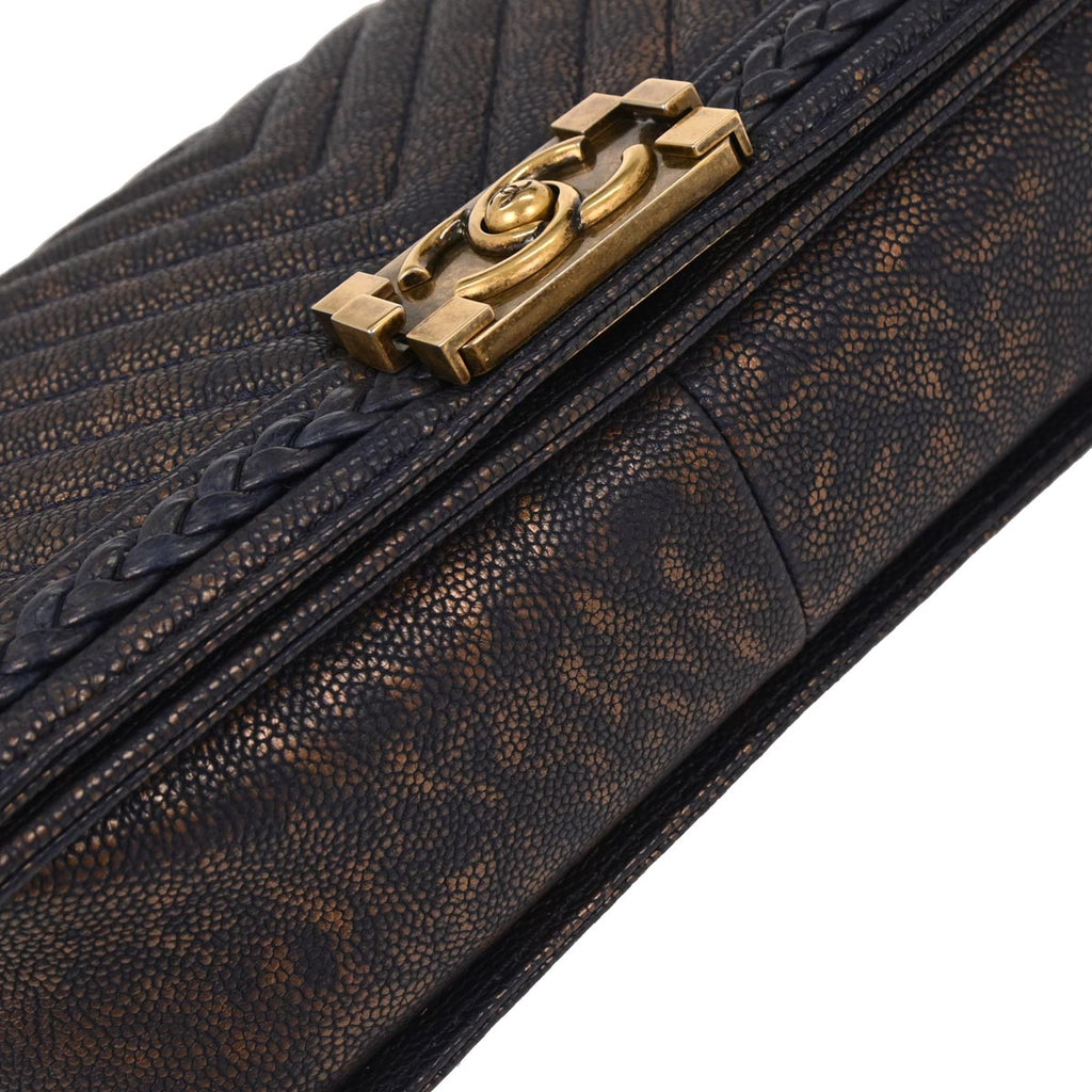 Boy Chanel 2018 Navy Gold Caviar Chevron Medium Shoulder Bag