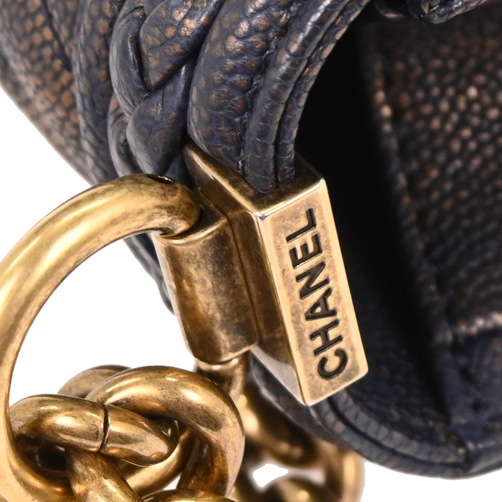 Boy Chanel 2018 Navy Gold Caviar Chevron Medium Shoulder Bag