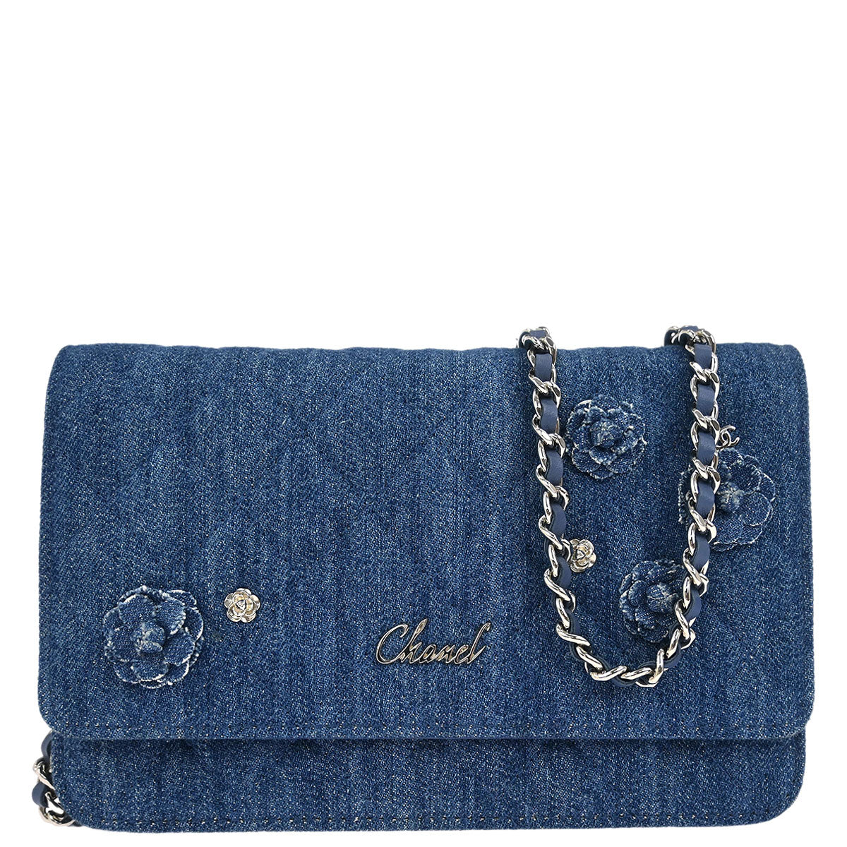 Chanel 2019 Blue Denim Camellia WOC Wallet on Chain Bag