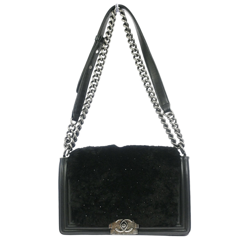 Boy Chanel 2015-2016 Black Fur Lambskin Medium Shoulder Bag
