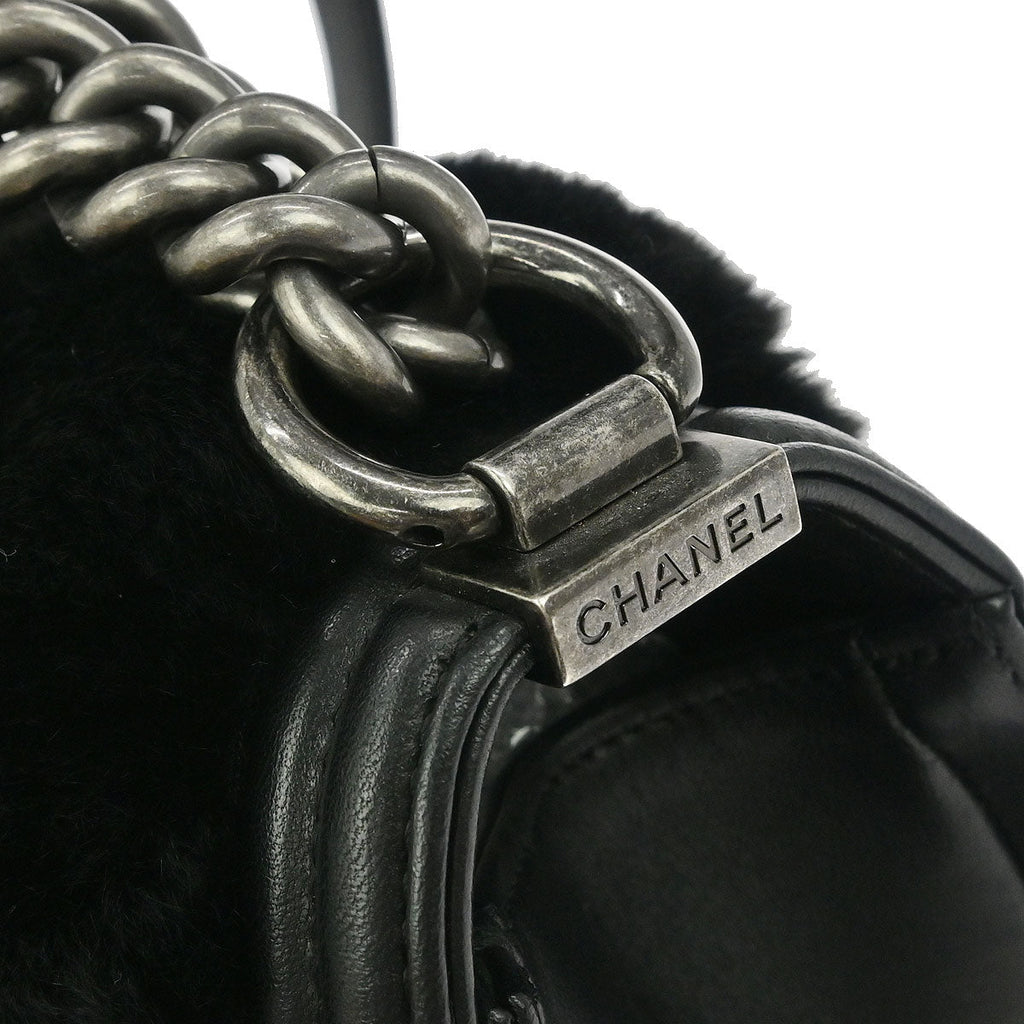 Boy Chanel 2015-2016 Black Fur Lambskin Medium Shoulder Bag