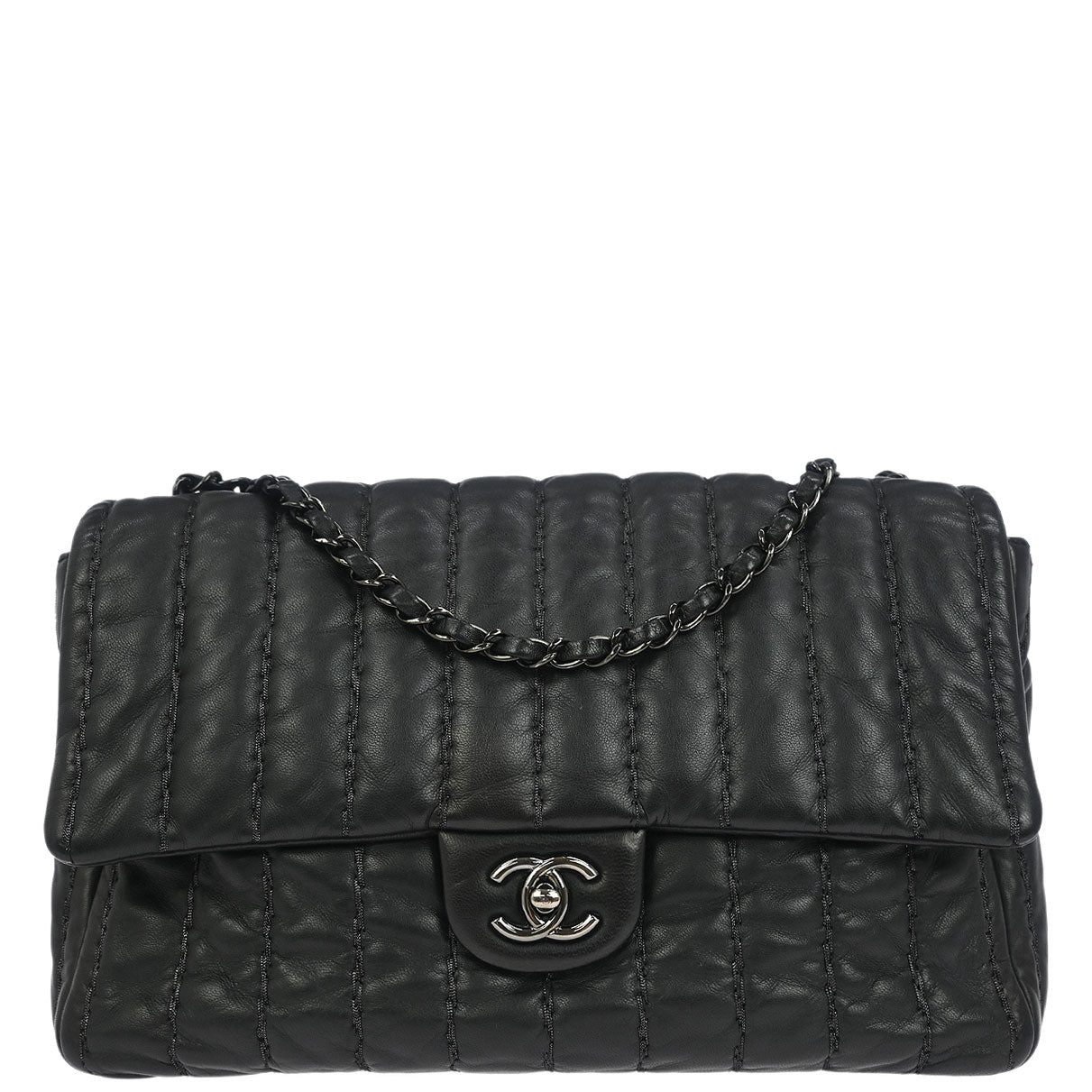 Chanel 2011 Black Lambskin Mademoiselle Jumbo Flap Bag