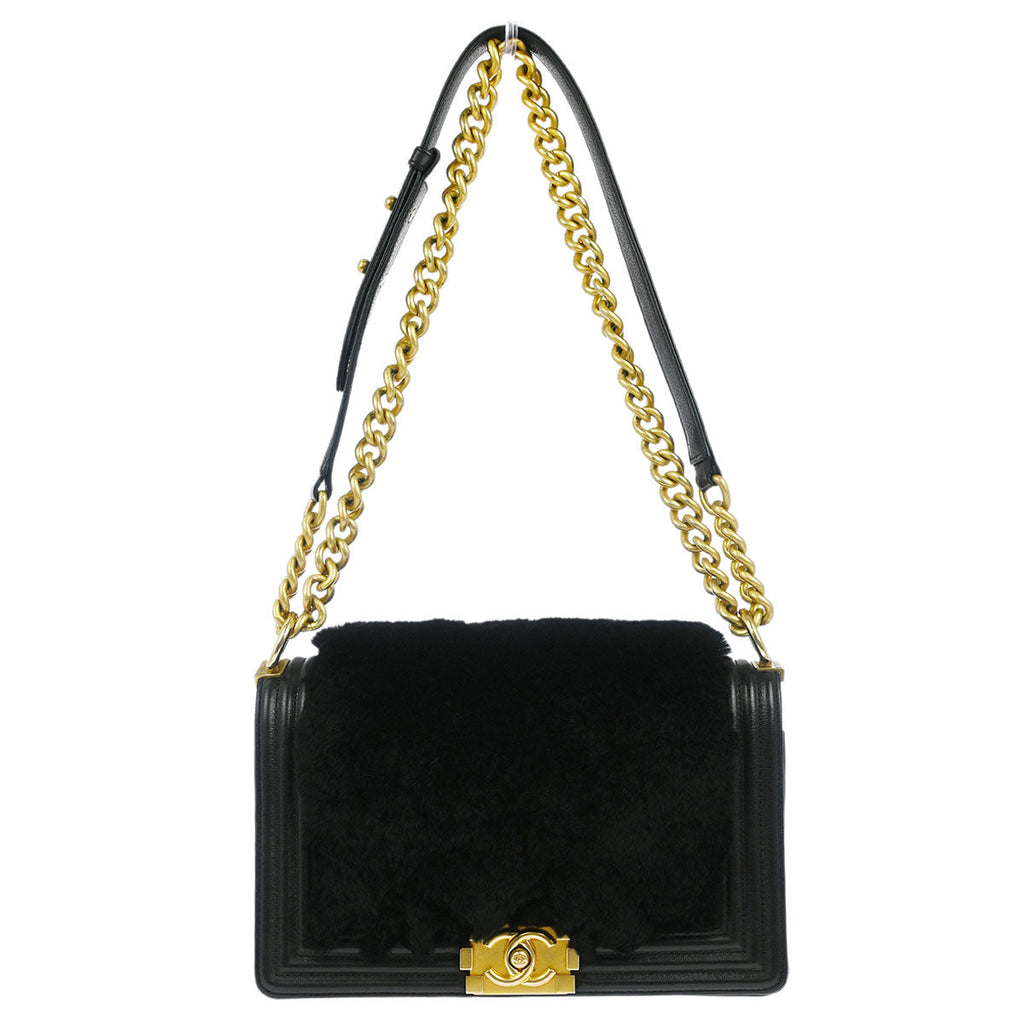 Boy Chanel 2018-2019 Black Fur Lambskin Medium Shoulder Bag