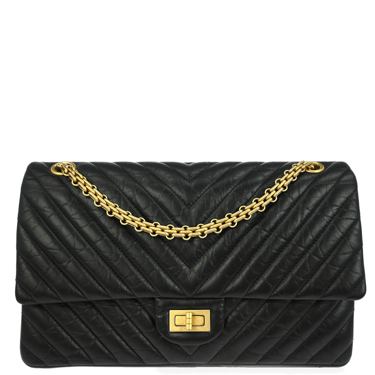 Chanel 2018 Black Calfskin Chevron Classic Double Flap Shoulder Bag