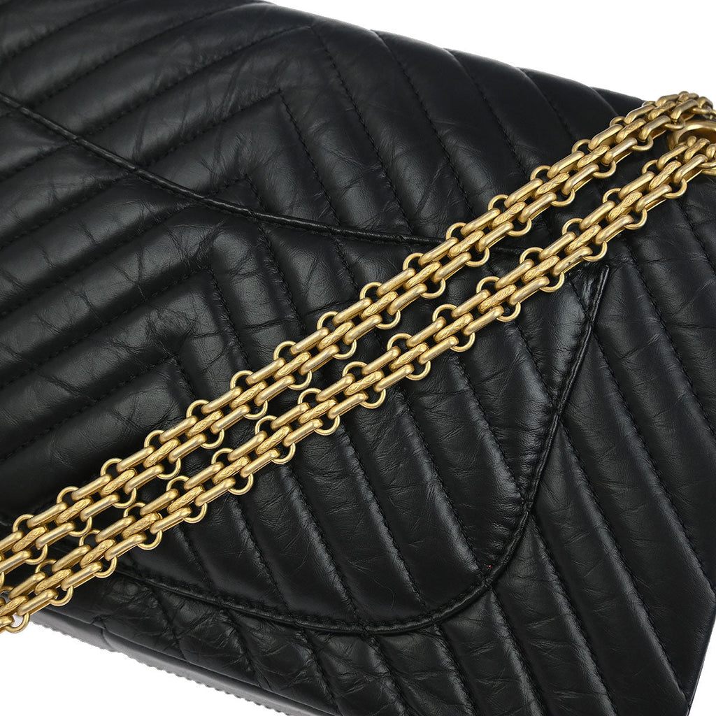 Chanel 2018 Black Calfskin Chevron Classic Double Flap Shoulder Bag
