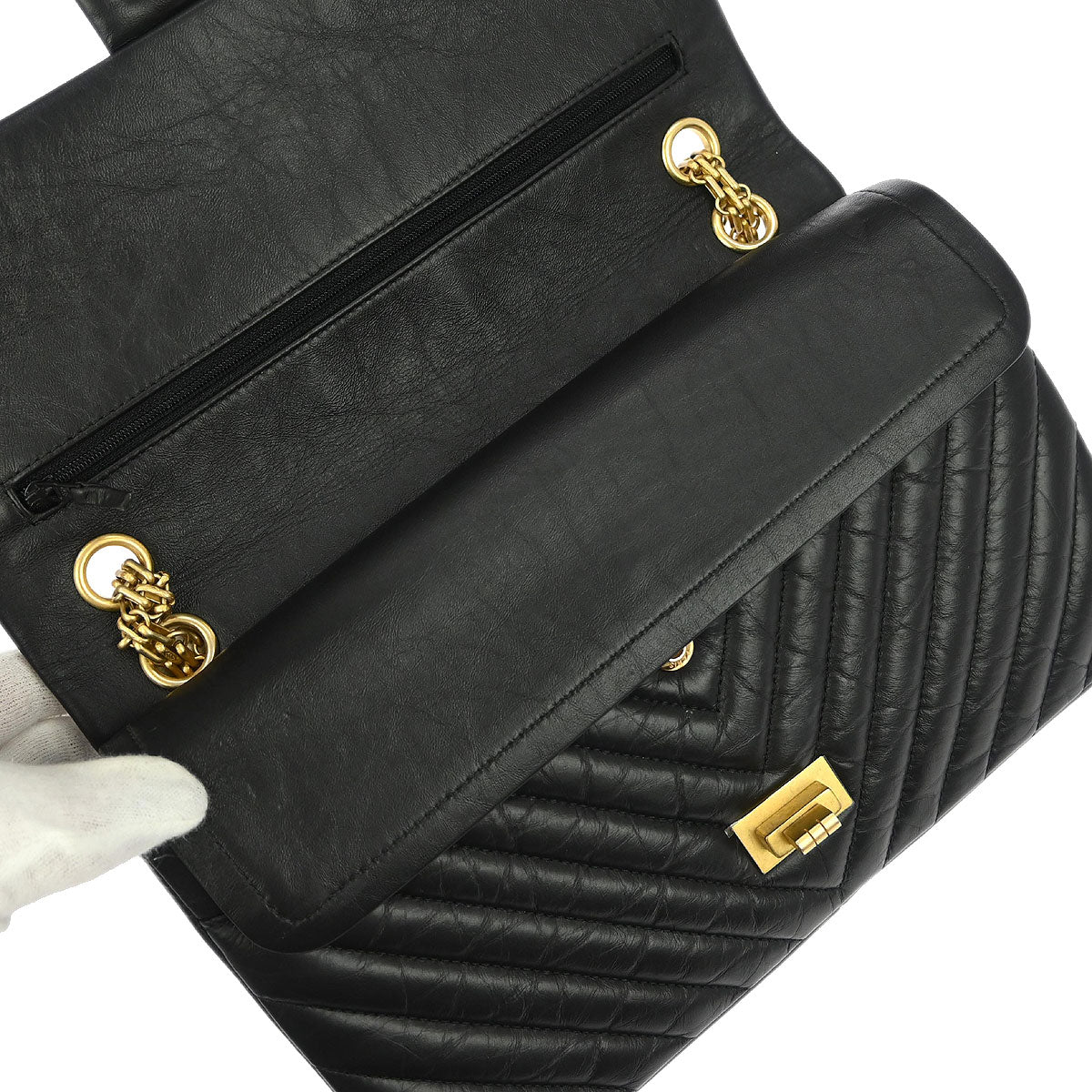 Chanel 2018 Black Calfskin Chevron Classic Double Flap Shoulder Bag