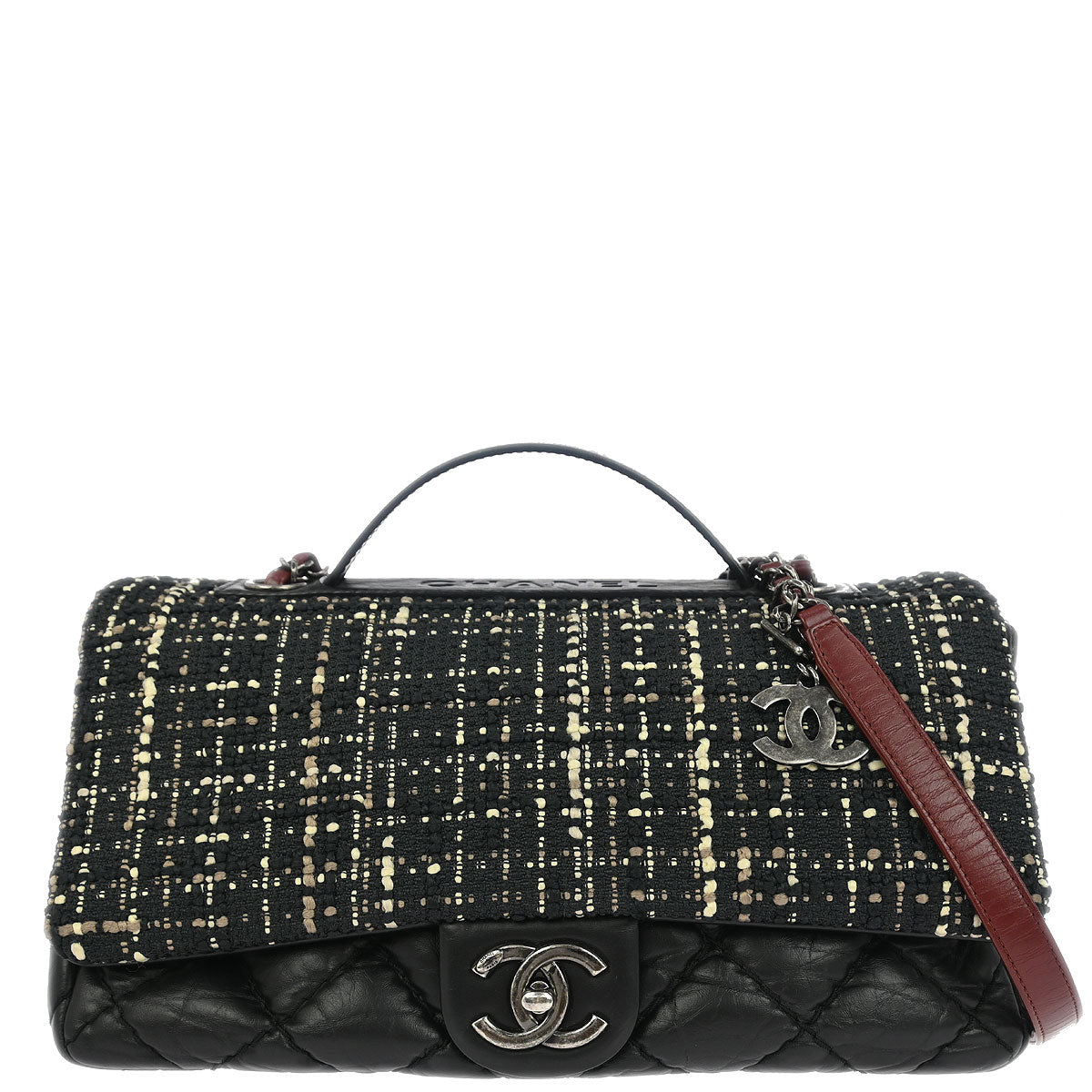 Chanel 2017 Black Tweed Calfskin Airlines Top Handle Flap Bag