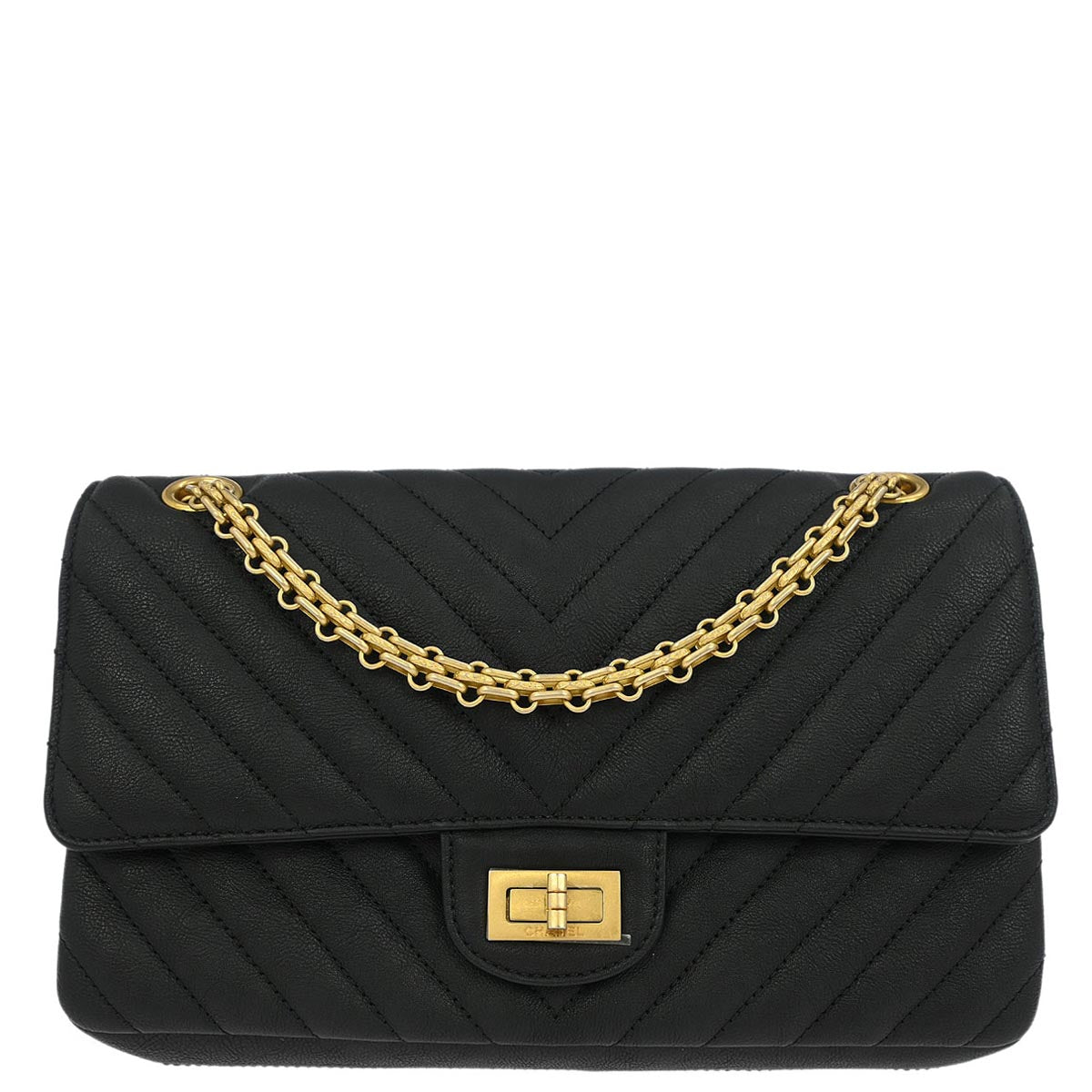 Chanel 2019 Black Calfskin 2.55 Chevron Classic Double Flap Shoulder Bag