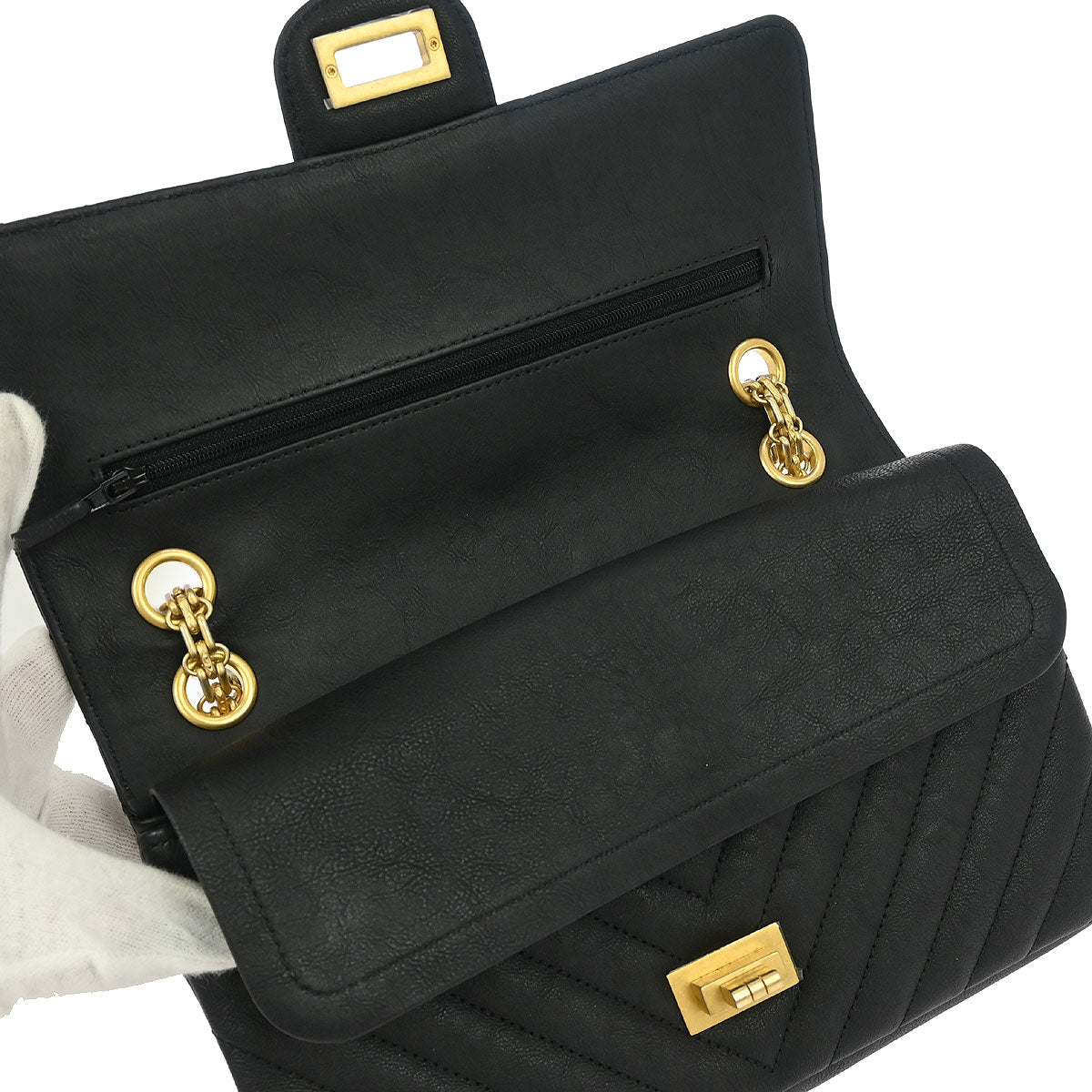 Chanel 2019 Black Calfskin 2.55 Chevron Classic Double Flap Shoulder Bag