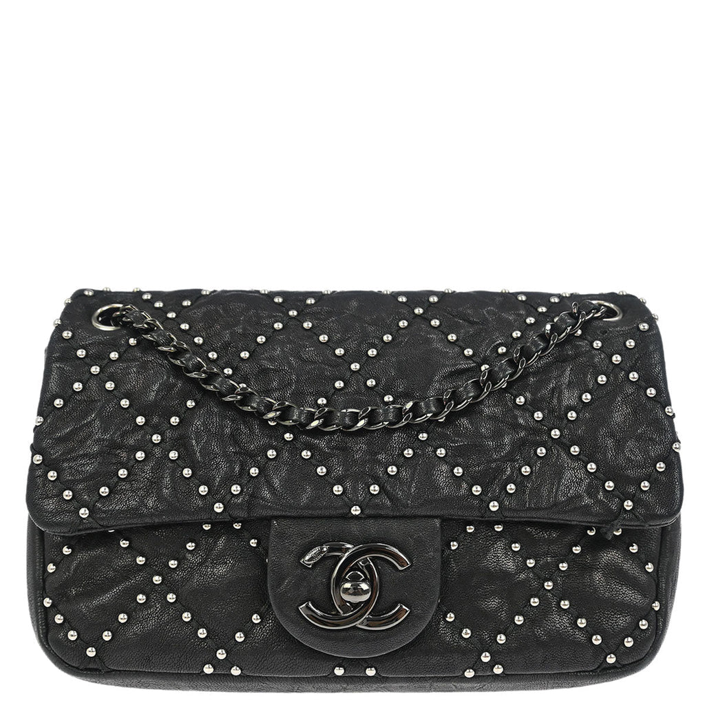 Chanel 2014 Black Calfskin Studded Single Flap Shoulder Bag