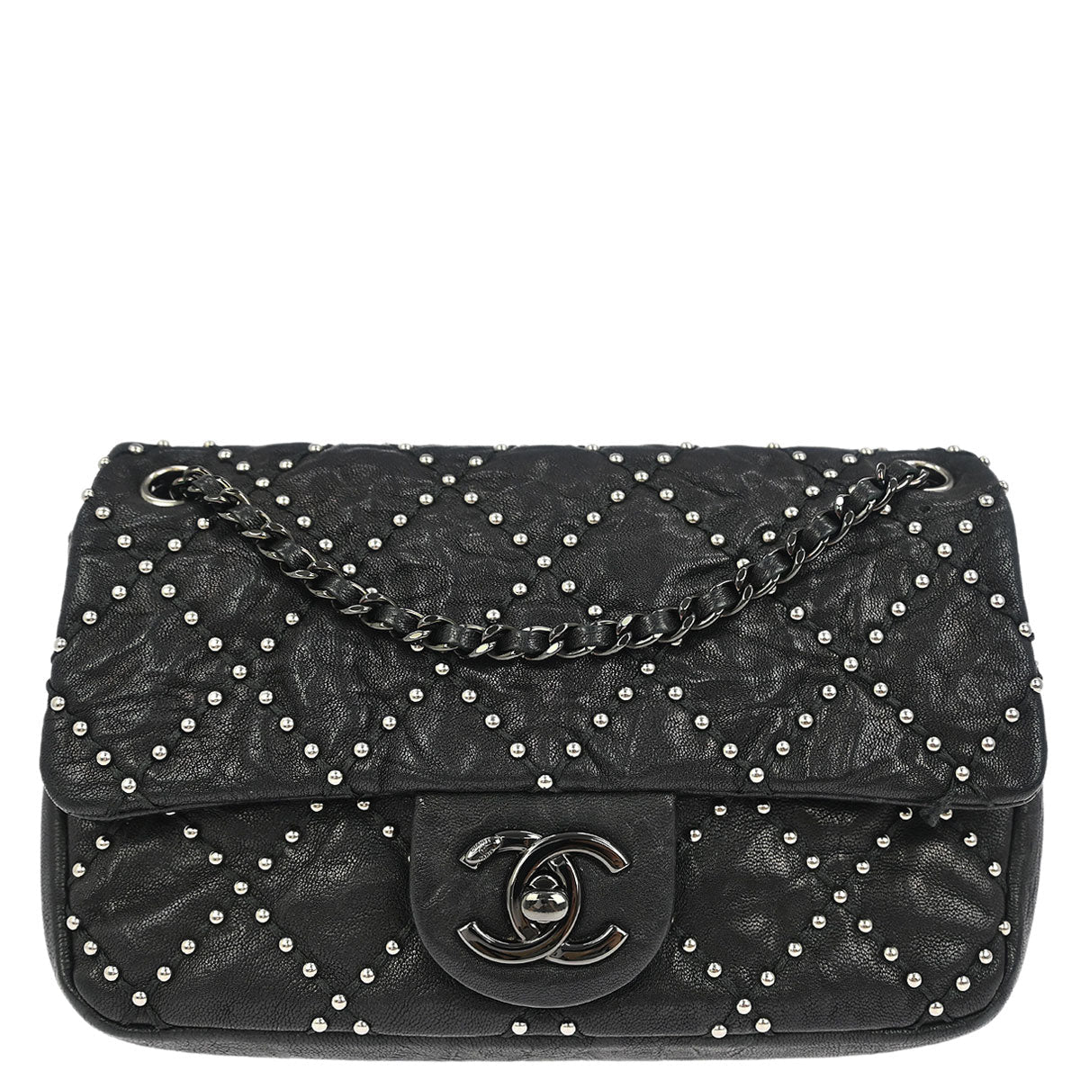 Chanel 2014 Black Calfskin Studded Single Flap Shoulder Bag