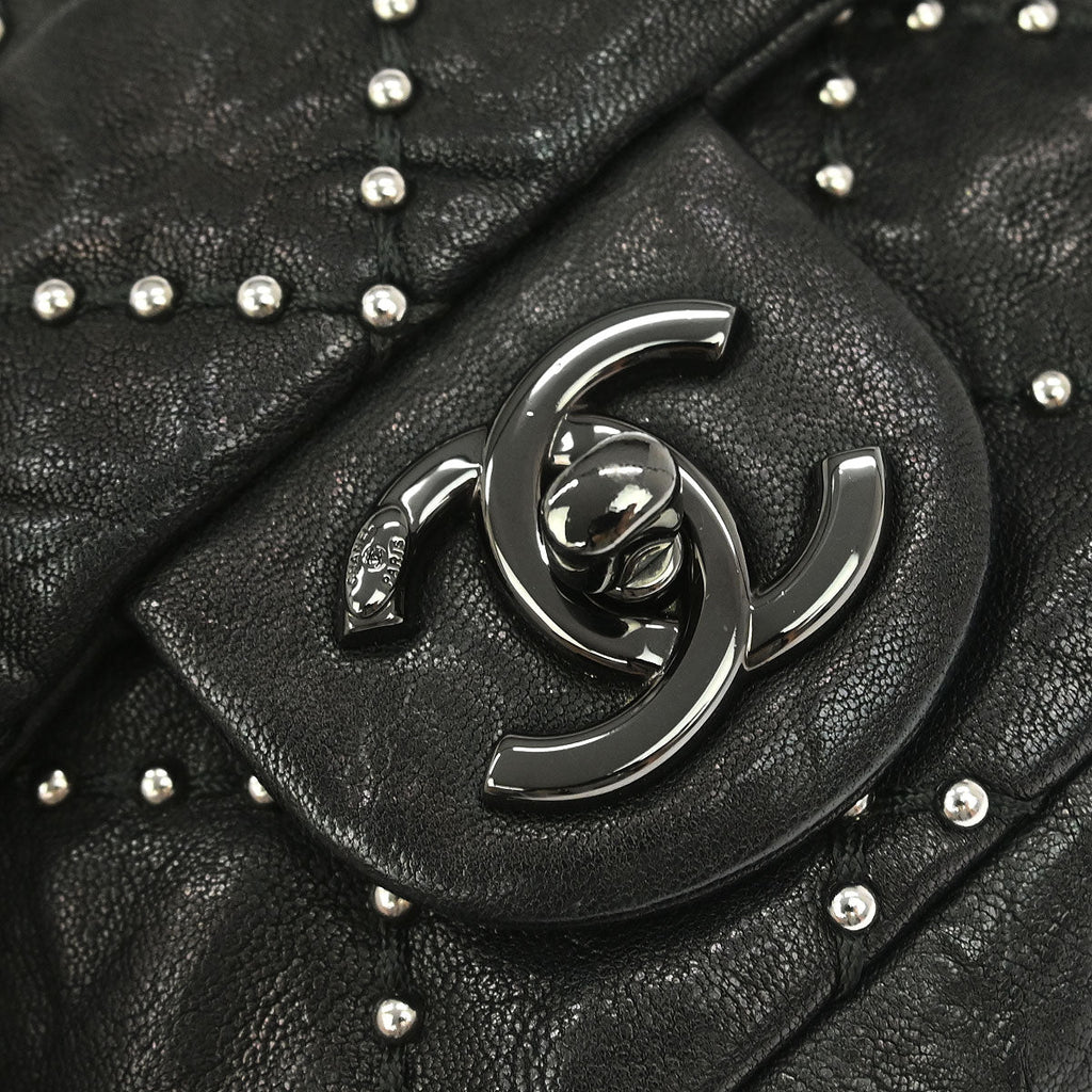 Chanel 2014 Black Calfskin Studded Single Flap Shoulder Bag
